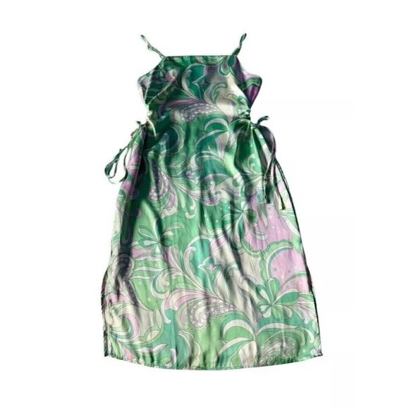 Christian Lacroix Woman's Sz L Green Pink Paisley Satin Keyhole Side Dress - Picture 11 of 11